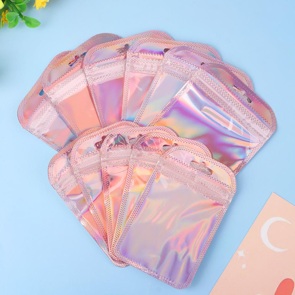 50pcs Iridescent Laser Self Sealing OPP Bags Holographic Bags Zip Lock Bags Resealable Jewelry Retail Packaging Bags 3 Sizes