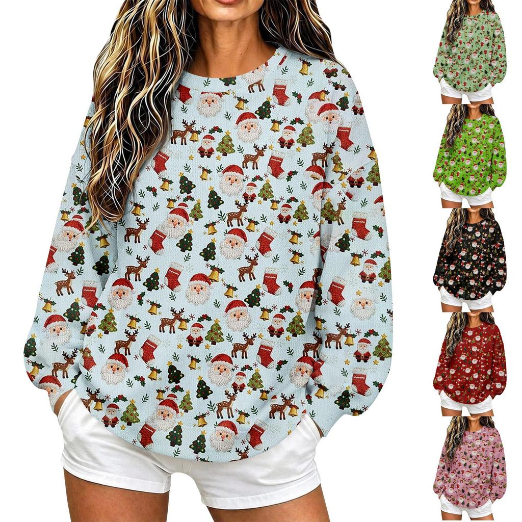 Women's Christmas Print Sweatshirt Trendy Casual Long Sleeve Neck Pullover Top for Holiday