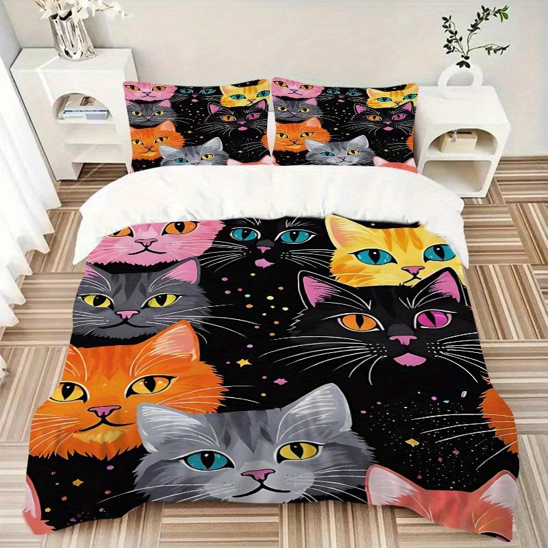 3Pcs Colorful Cats Printed Bedding Set, Breathable And Soft,(Includes 1 Duvet Cover And 2 Pillowcases, Quilt Not Included) yy250815147