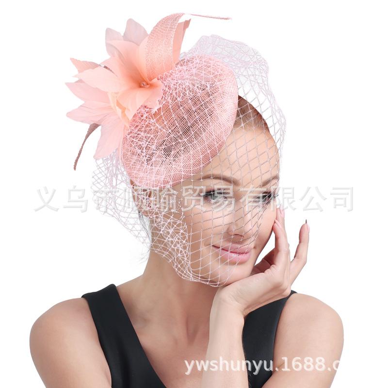 European And American Retro High-Quality Hemp Yarn Headgear Catwalk Bride Feather Hair Accessories Burgundy Top Hat
