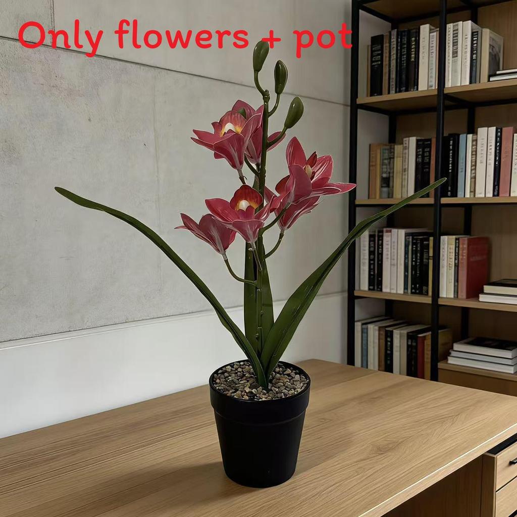 Simulation Cymbidium Faberi Rolfe Potted Plant For Home Living Room Balcony Art Display Red