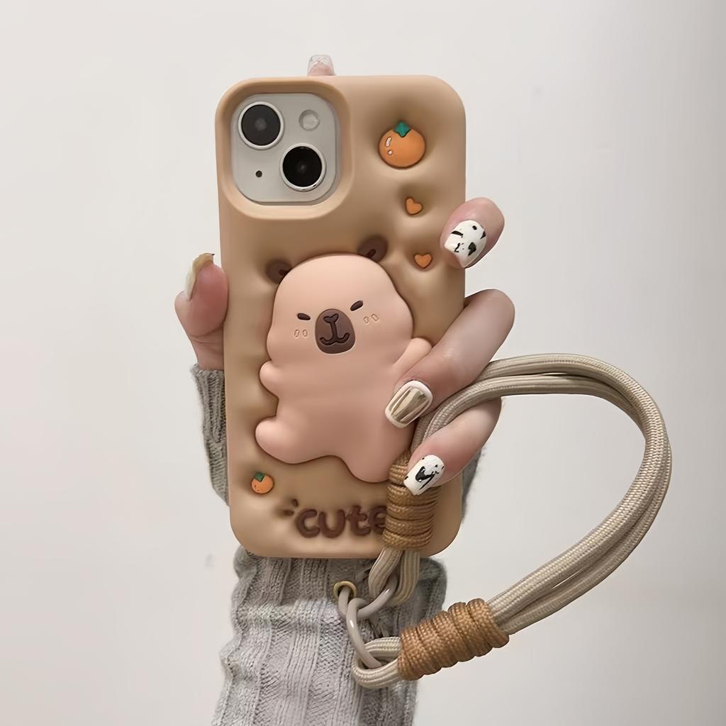 Etui na telefon z miękkiego silikonu, kreskówkowe zwierzątko Kapibara 3D, do iPhone 16 15 14 13 12 Pro Max 16pro, odporne na wstrząsy, z paskiem na nadgarstek