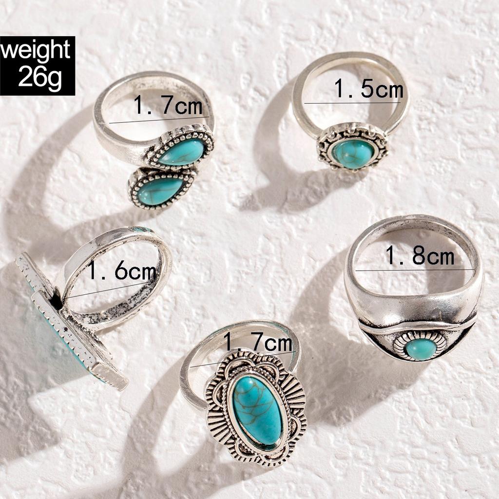 Ensemble de 8 bagues turquoise de style ethnique rétro avec plumes sculptées et incrustées