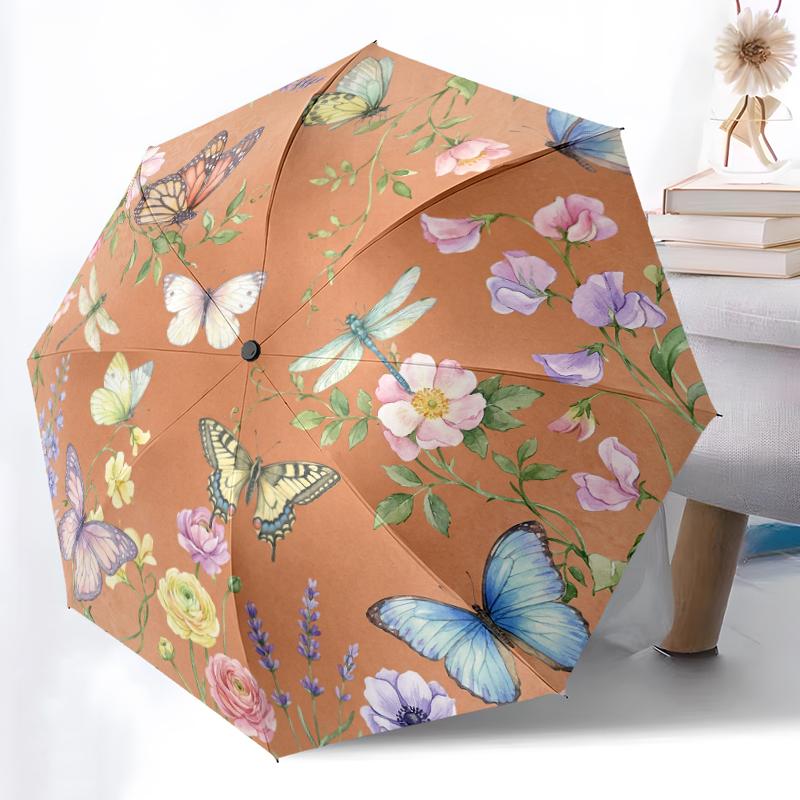 1pc Sturdy 8-Bone Auto Umbrella, Pale Lilac Floral Butterfly Garden Umbrella, Digital Printed, Foldable Umbrella for On-the-Go Outdoor Use