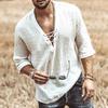 Autumn/Winter V-neck Linen Cardigan-Style Stand Collar Men's Long Sleeve Shirt
