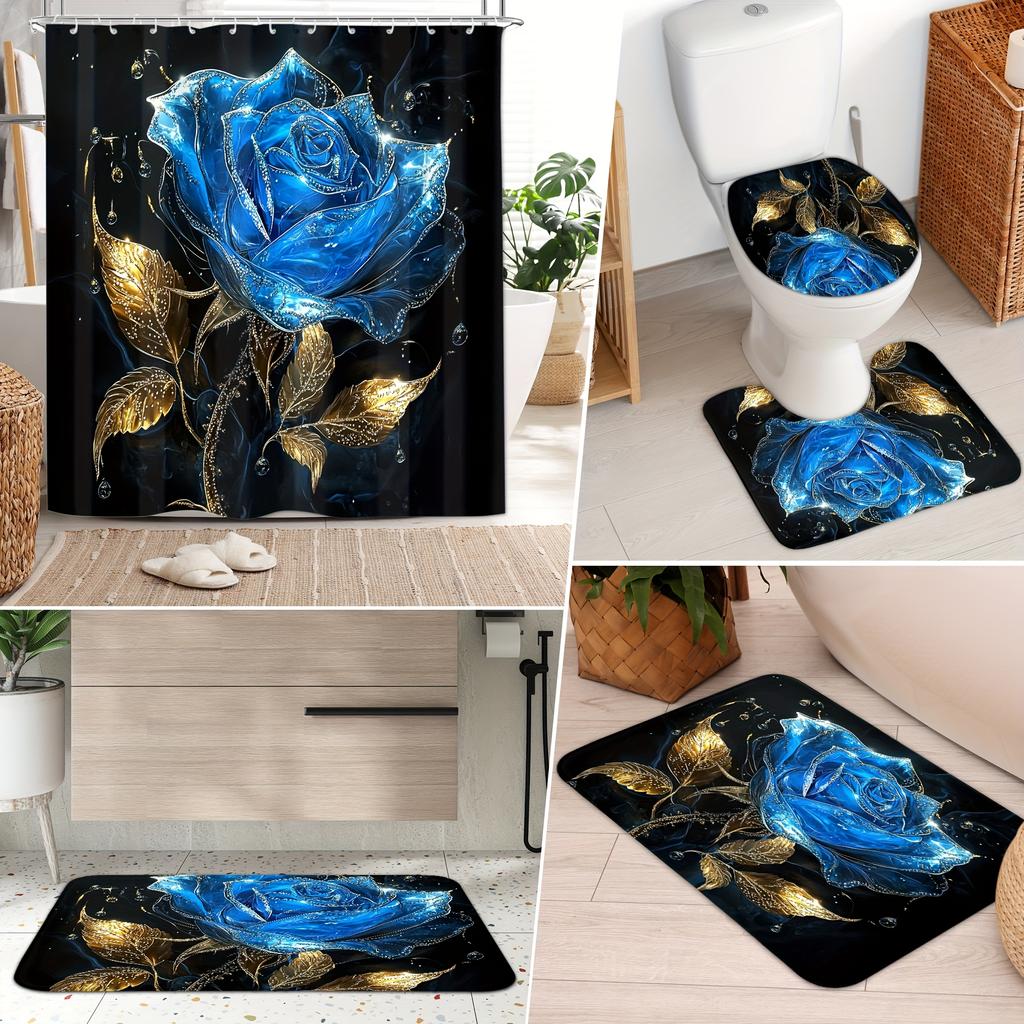 4Pcs Shower Curtain Set with Non-Slip Bath Mat, Toilet Lid Cover, Contour Rug & 12 Hooks, Bathroom Decor