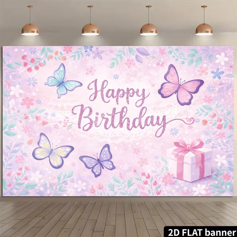 

2D Butterfly Happy Birthday Backdrop Banner Pink Purple Floral Photography Background 47.2x31.5inch/120*80cm