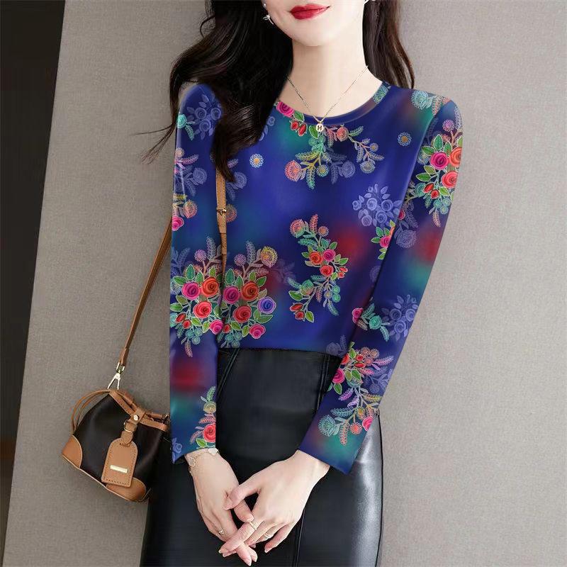 

Stylish Floral Knit Long Sleeve Round Neck Tee for Middle-aged and Elderly - Milk Silk Base Layer XL