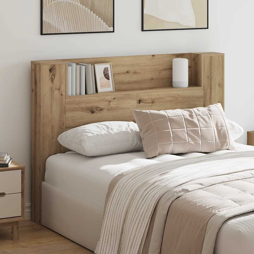 Storage Headboard with LED Artisan Oak Wood Material