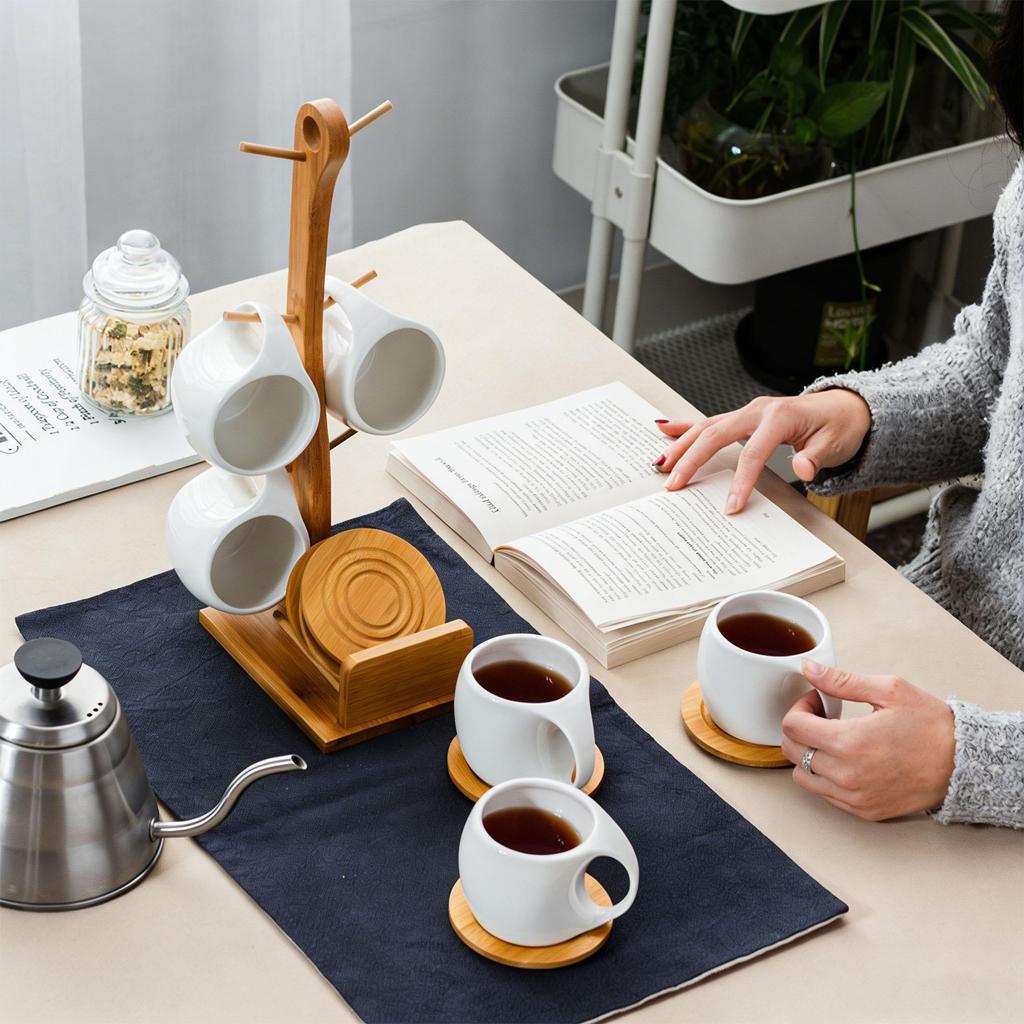Nordic Style Ceramic Coffee Mug Set with Natural Bamboo Tree Cup Holder and Non-slip Coasters Stylish Kitchen Organizer for Tea and Coffee Home Decor