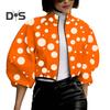 Giacca da donna con colletto alto, stampa a pois abbinata, chiusura con cerniera, corta, ampia, a maniche lunghe, cardigan casual da donna