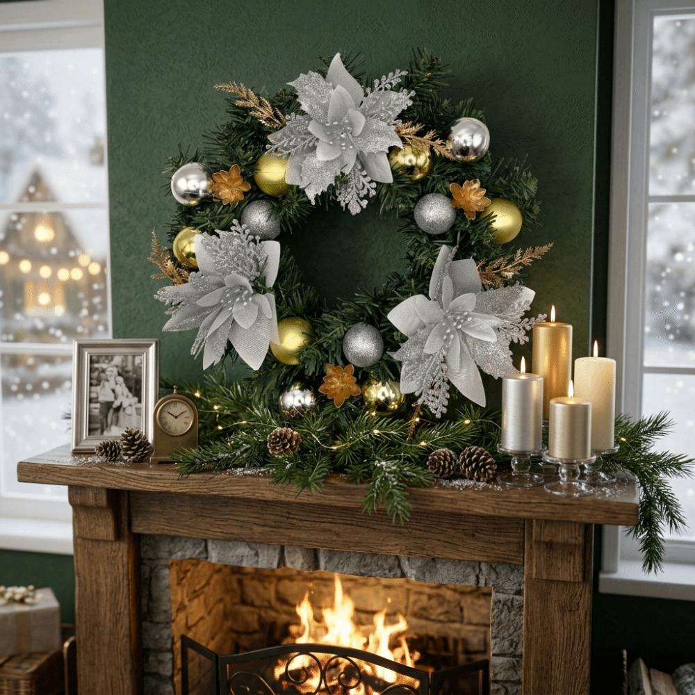Red Flower Christmas Wreath Realistic Design Faux Greenery Wreath Xmas Artificial Garland  Holiday