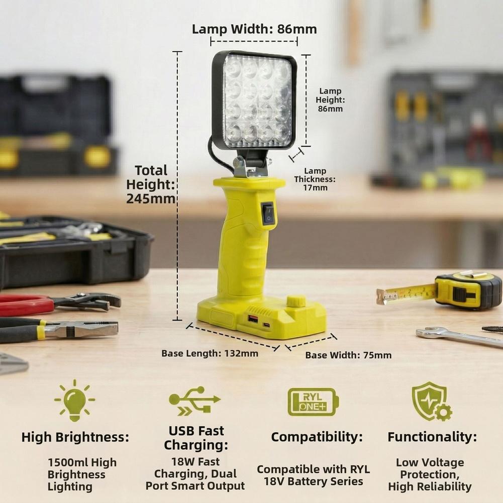 16LED 1500LM Work Light USB-C Fast Charging For P107 P108 P189 18V Battery Yellow ABS Flashlight Tool