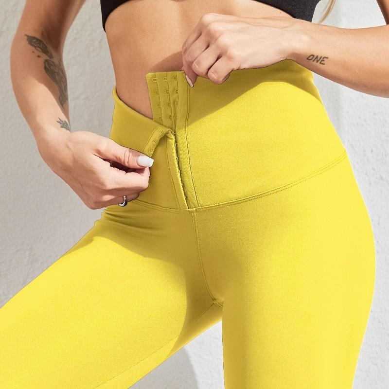 Hot-Stamped Logo Double-Breasted High-Waisted Butt-Lifting Yoga Pants with Waistband Tummy-Control Stretch Fleece-Lined Leggings for Women