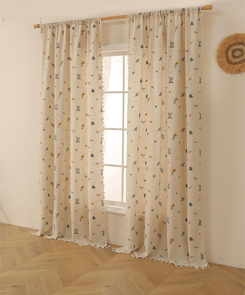 Boho Curtain Daisy Embroidered Farmhouse Window Treatments Beige Floral Curtain Rod Pocket Light Filtering Living Room Bedroom