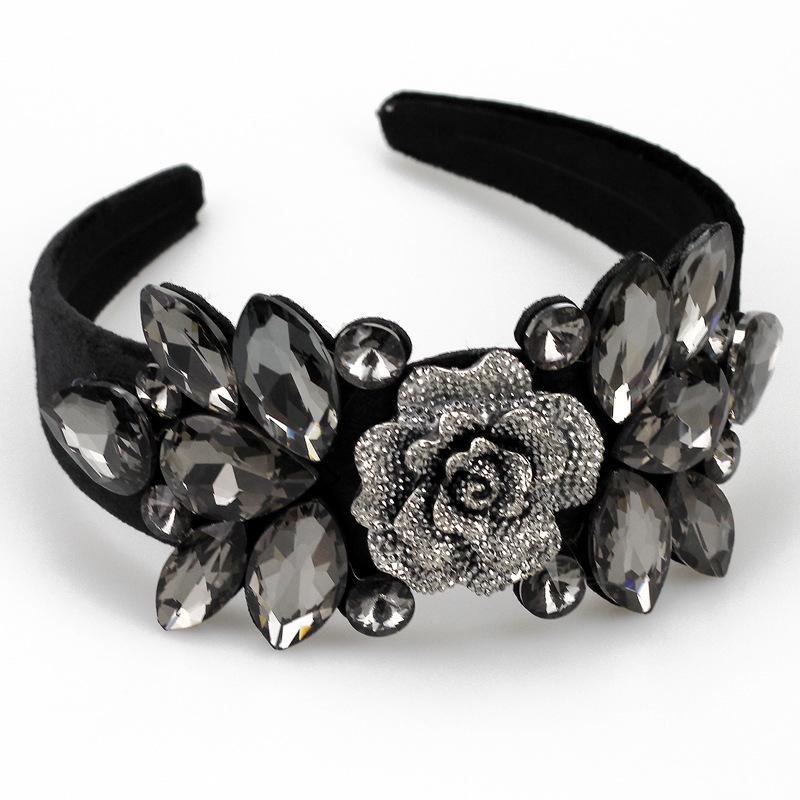 

2026 Gray Rhinestone Flower Headband Wide Edge Flannel Retro Headband Light Luxury Elegant Hair Accessories Women серый