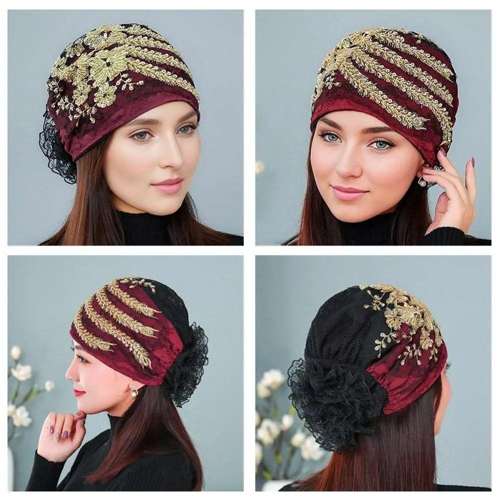 Rhinestone Lace Turban Hats Flower Islamic Under Scarf Solid Color Summer Thin Headscarf  Girls