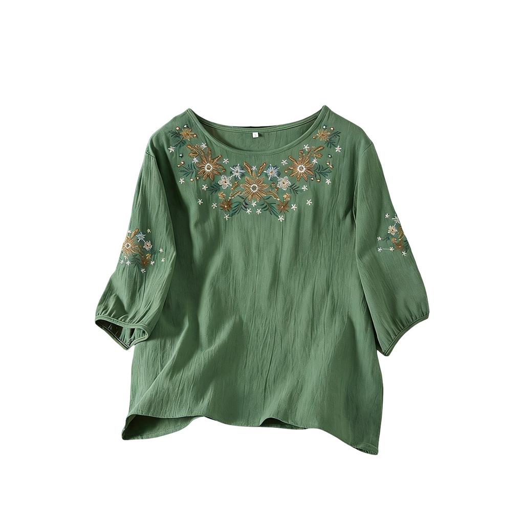 Damen lockeres, figurschmeichelndes Baumwoll-Leinen Rundhals-Dreiviertelarm Hemd Top