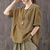 T-shirt da Donna in Cotone e Lino con Mezza Patta Stile Western Estivo Manica Corta Tasca Retrò Letterario Taglia Grande Top a Quadri Largo