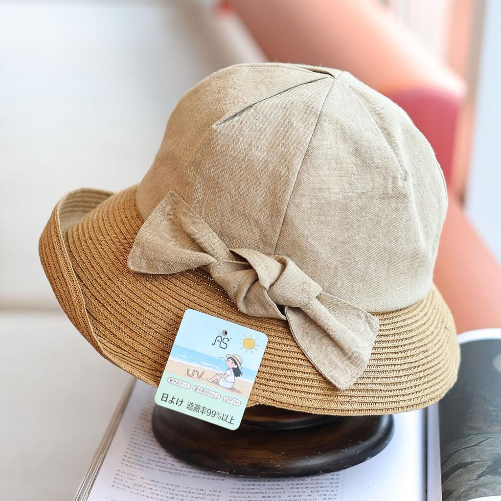 Japanese Retro Sweet Hemp Top Splicing Straw Woven Pot Hat Spring and Summer Bow Curled Edge Sun Protection Bucket Hat Women