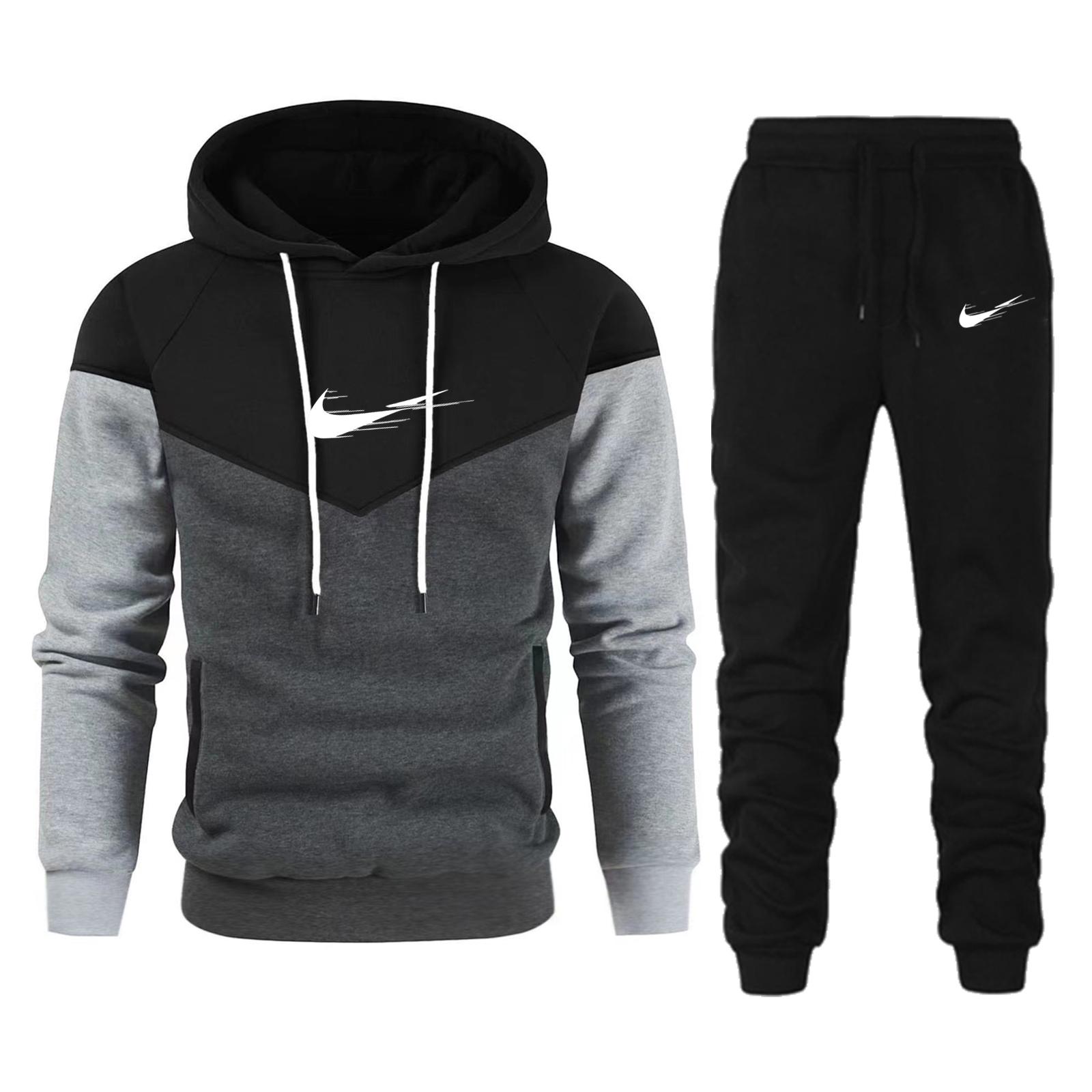 Tute sportive nere da uomo autunno 2025, nuove, con cappuccio caldo e felpato, abbinate ai colori, 2 pezzi, abbigliamento maschile L nero