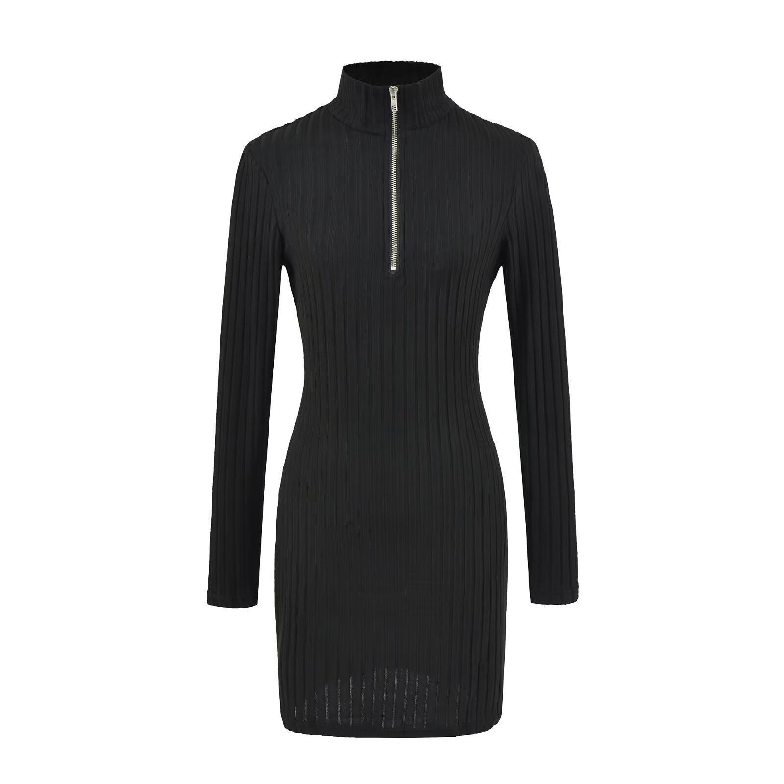

YPFF Trendy High Neck Half Zip Bodycon Dress - Waist-Cinched Long Sleeve Knit Skirt Large чорний