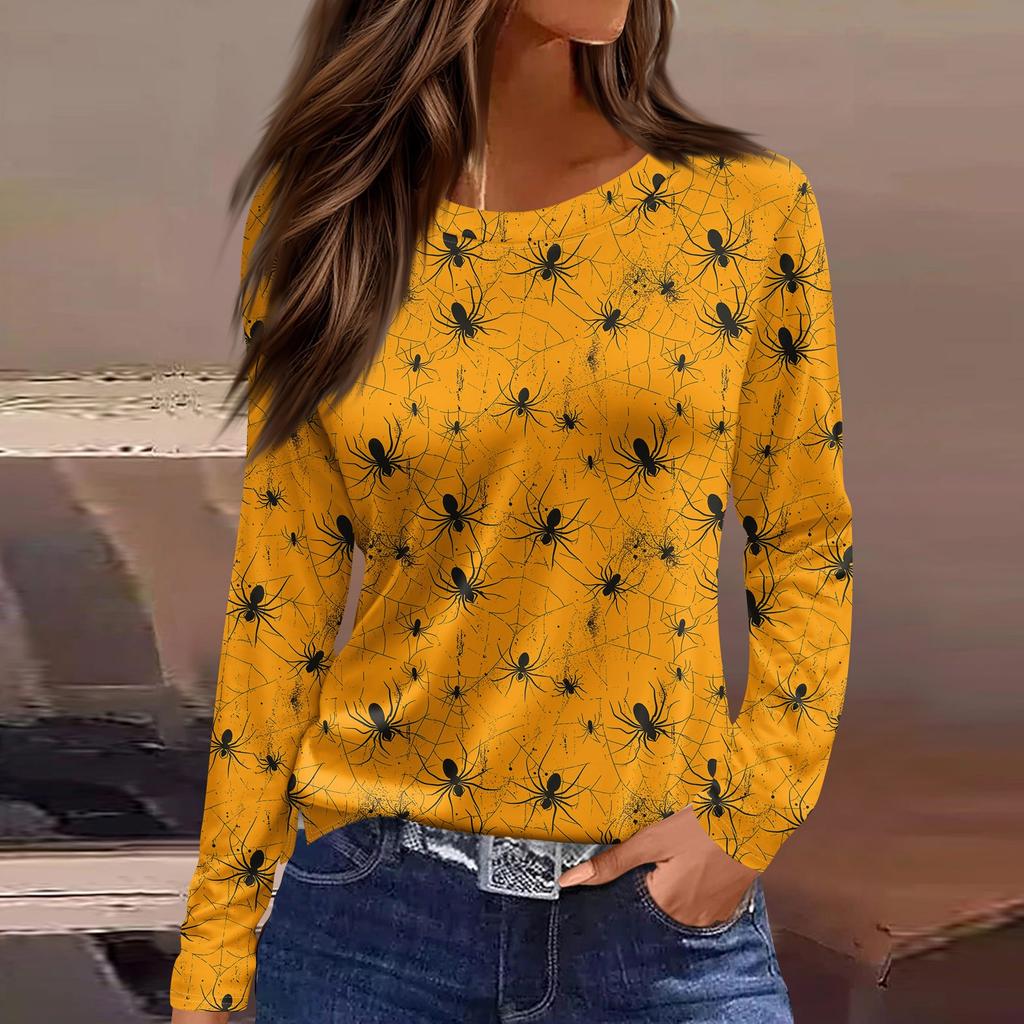 Women's Fashion Hem Slit Casual Halloween Printed Round Neck Long Sleeve Top