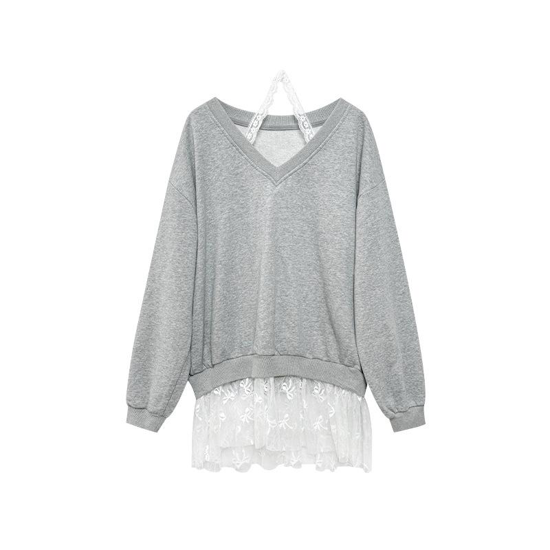 

Свободная толстовка из двух частей с французским кружевом и V-образным вырезом 2025 года (С3139) One Size серый