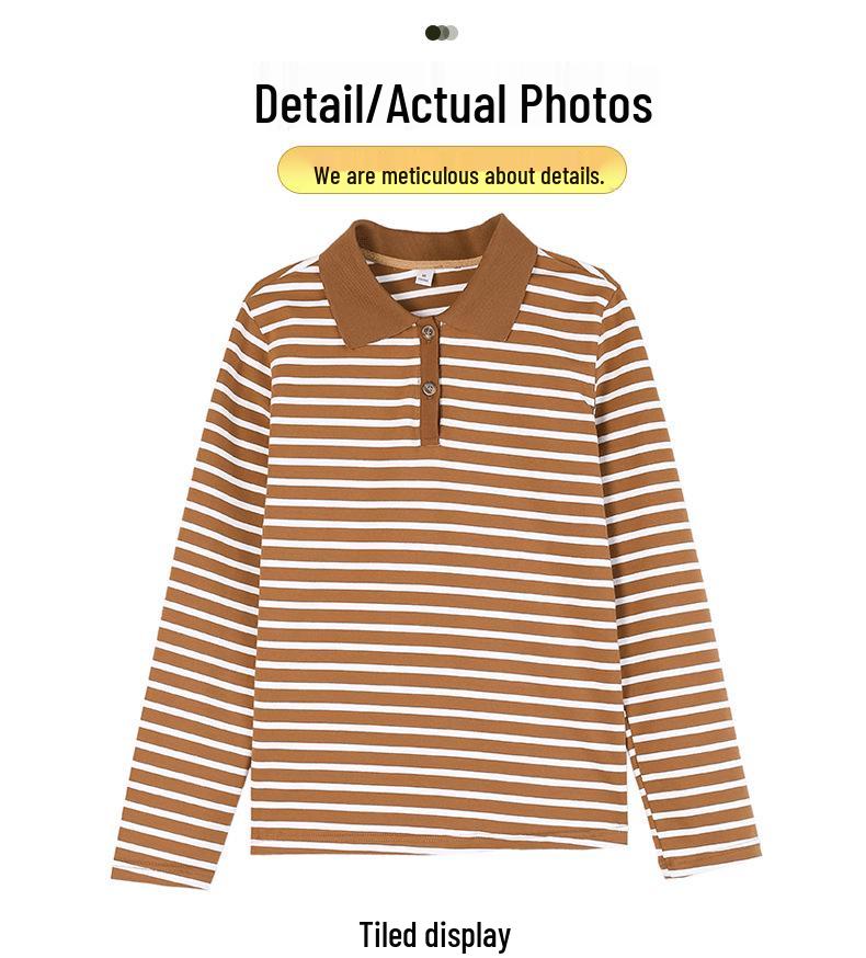 Women's Striped Long Sleeve Pure Cotton Polo T-shirt - Versatile, Loose Fit for Spring/Autumn 2026