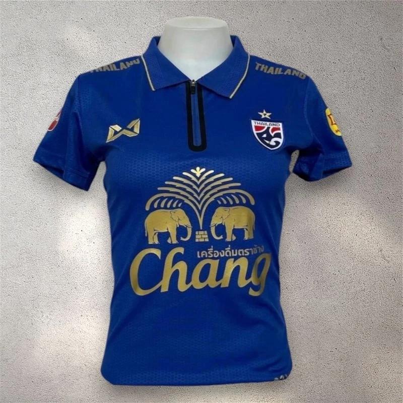 Damen Thailand National Football Soccer Training JERSEY CHEER Fan Print Zip Vintage Retro Quick Dry Polo Shirt Kurzarm Elefanten Logo