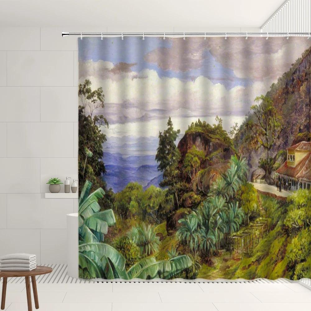 

Green Leaf Landscape Shower Curtain Set Tropical Plant Mountain Lake Forest Tree Farm Animal Duck Home Bathroom Bathtub Screens W90XH180cm