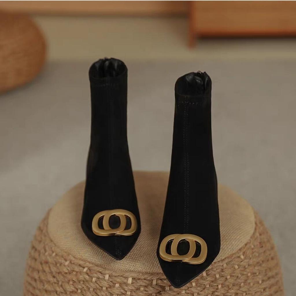 Small Short Boots 2025 New Women's Winter One-pedal Thin Leg Socks Boots Rhinestone Square Buckle Pointed Middle Heel Short Boots