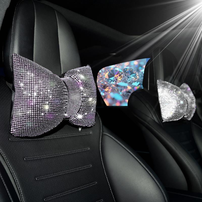 1Pc Diamond Bowknot Car Neck Pillow Auto Headrest Seat Support Waist Pillows Bling Car Accessories For Women