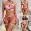 1 Set Women Underwear Set Includes Gloves And Thigh Rings Chain Decor Heart Print G-string Hollow Out Adjustable Cross Strap Wedding Night Honeymoon