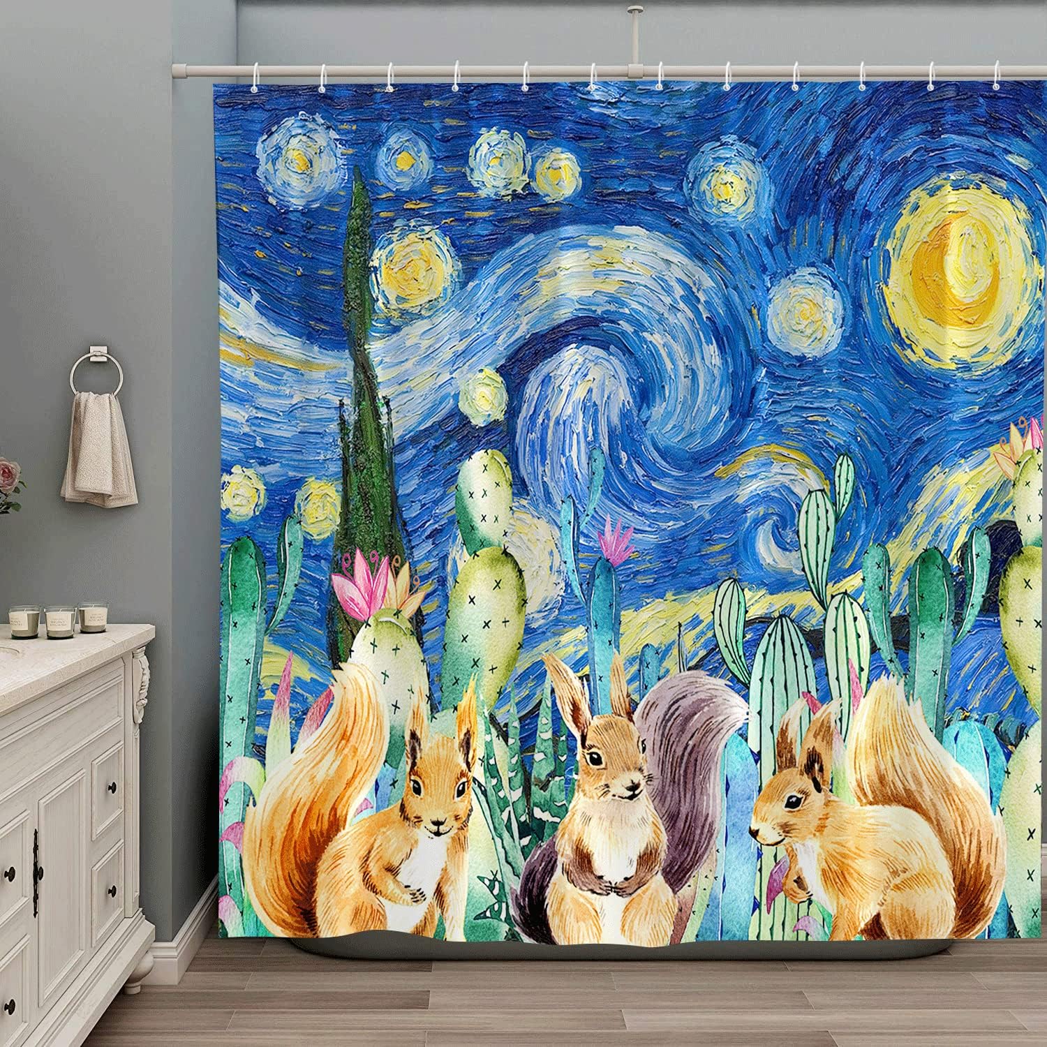 

Starry Night Shower Curtain Funny Animal Squirrel Blue Starry Sky Oil Paiting Rustic Farmhouse Cactus Flower Spring Wildflowers 90x180CM