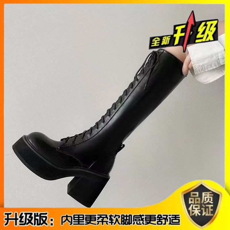 Thick-soled heightening boots women's 2025 autumn and winter new thick-soled lace-up elastic boots retro knight boots black boots