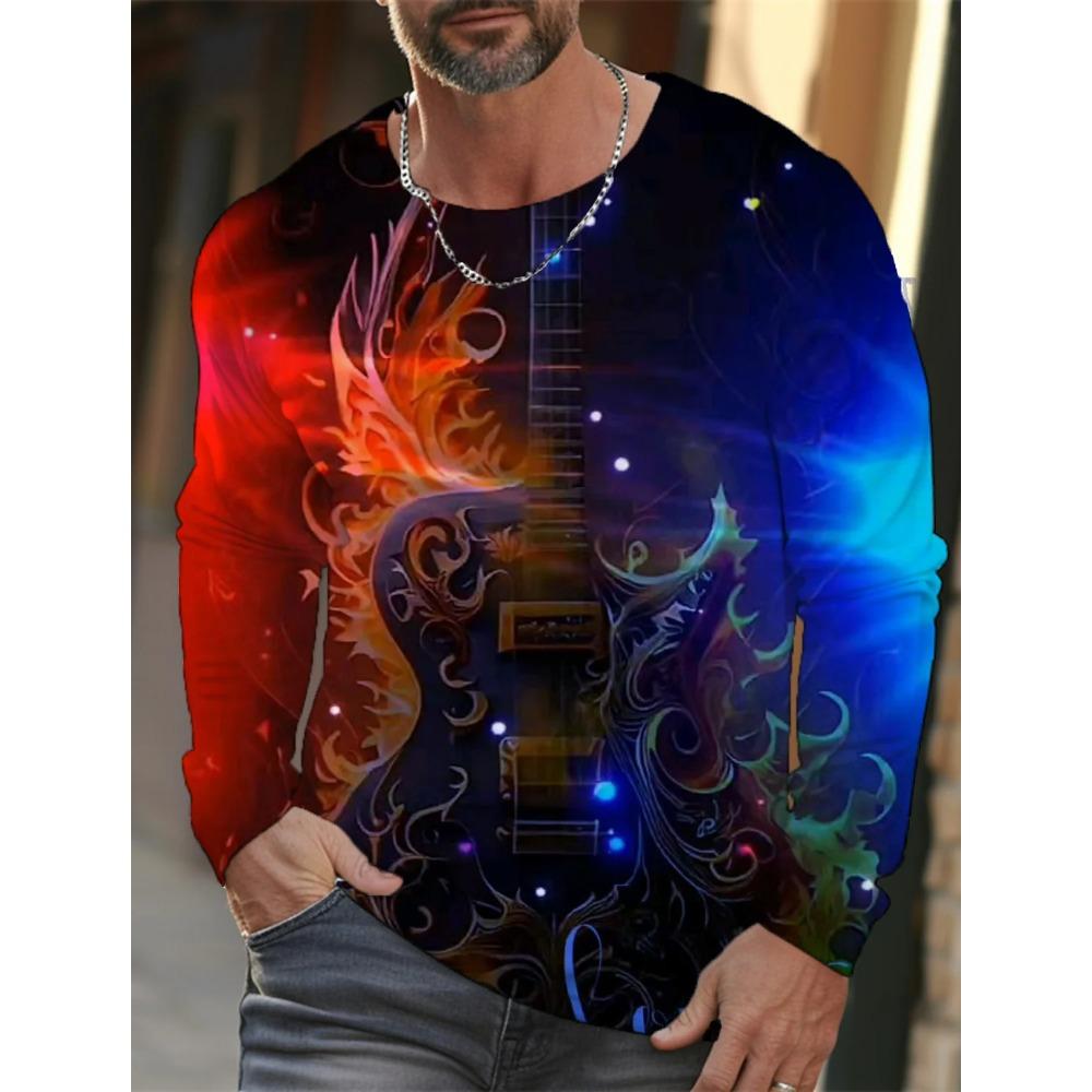 Spring and Autumn Round Neck 3D Ukiyoe  Printed Top Fashionable Casual Long Sleeved Men's T-shirts