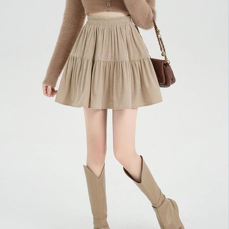 Women's Corduroy Umbrella Skirt High-Waist A-Line Skirt Autumn Short Mini Skirt