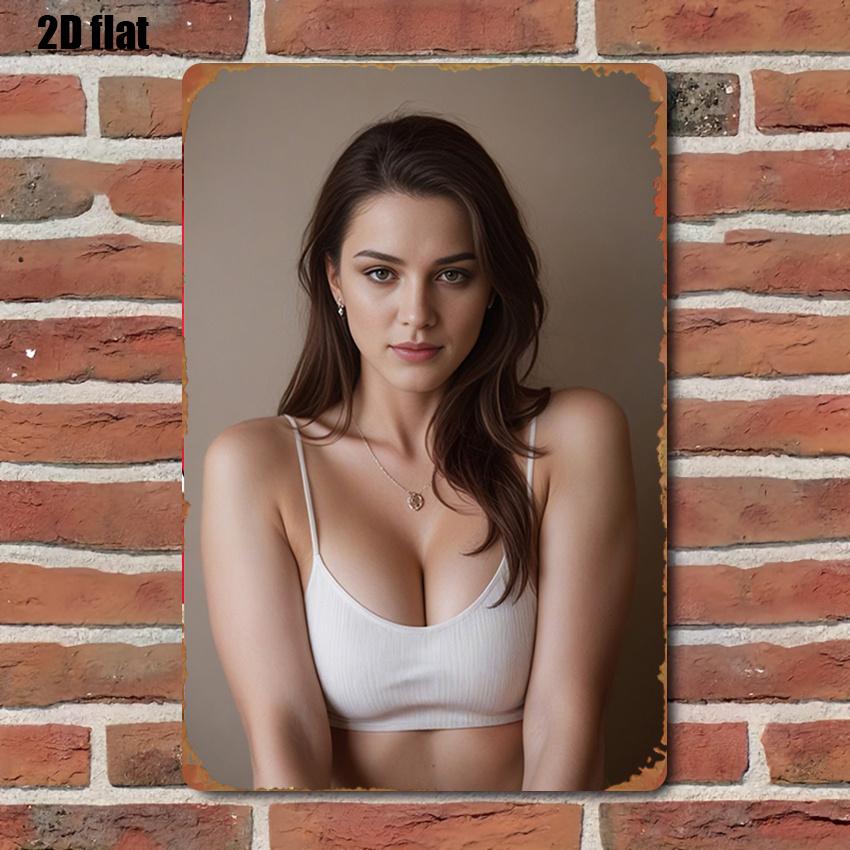 

Vintage Sexy Beautiful Woman In White Ribbed Spaghetti Strap Bralette Retro Metal Tin Sign Rustic Distressed Pin Up Portrait Wa 20x30cm（7.8x11.8inch）