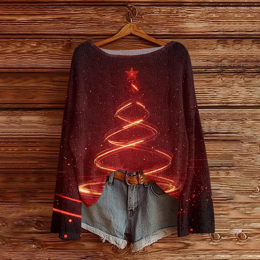 Women's Round Neck Lightweight Sweater Casual Long Sleeve Christmas Print Knit Pullover.