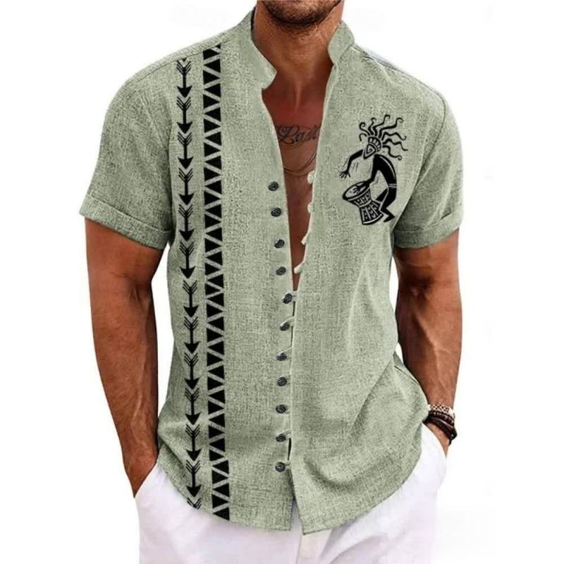 Men Ethnic Front Print Stand Collar Short Sleeve Loose Casual Linen Shirt