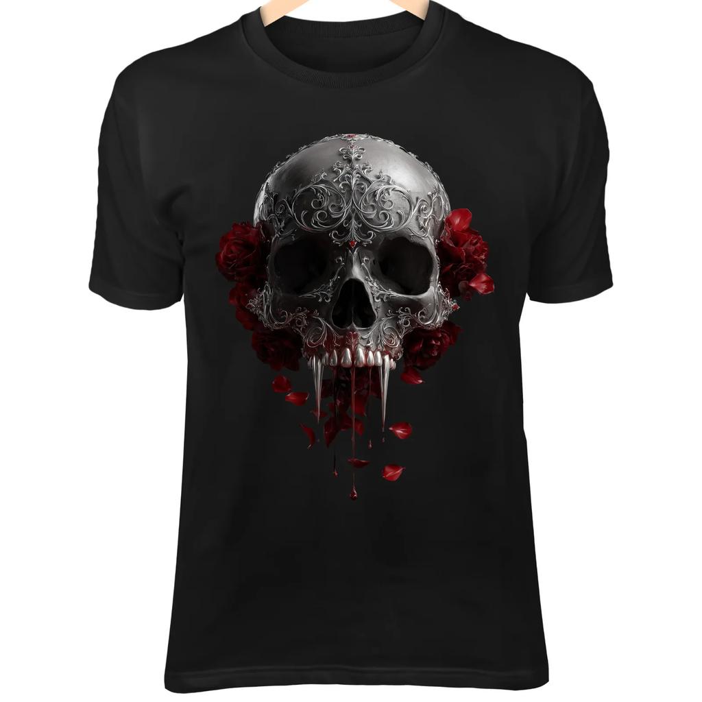 Vampire Skull Tshirt Blood Dripping Fangs Gothic Filigree Dark Rose Art