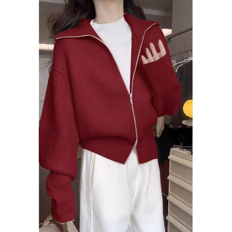 

Кардиган вязаный женский осенне-зимний с лацканами на двойной молнии в стиле кэжуал, утолщенный, нарядный, мягкий, липкий свитер-пальто, короткий топ Red L