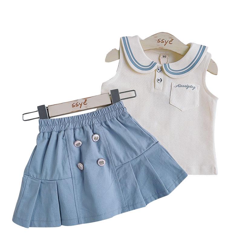 Girls' Summer Academy Style Two-Piece Set – Round Neck Short Sleeve Top and Breathable Skirt (CM0053)