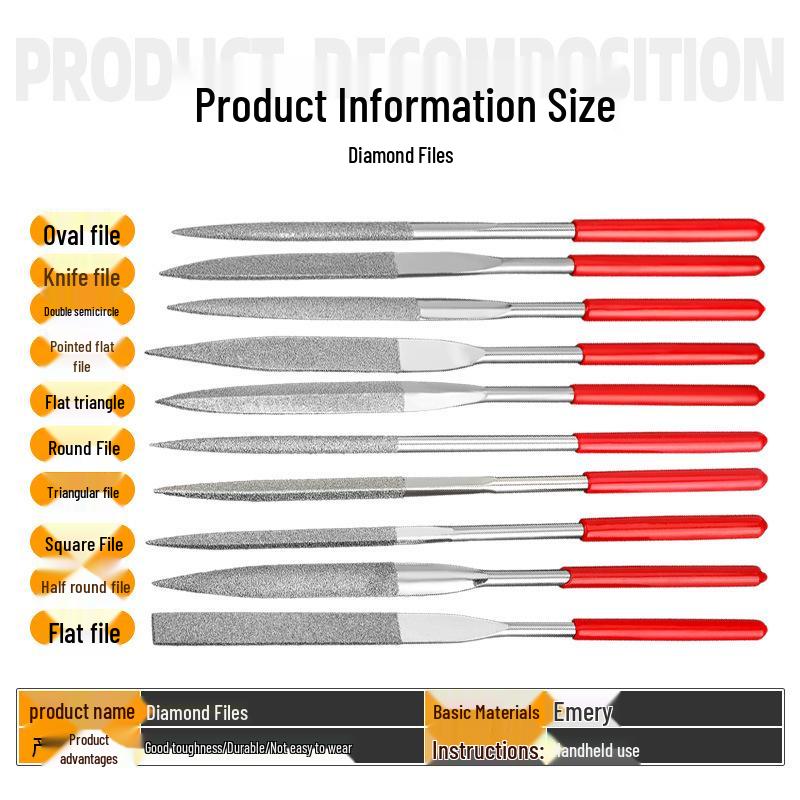 Diamond Steel File Set: Fine Alloy, Assorted Shapes for Metal Grinding and Deburring - Triangle, Half-Round, and Mini Shaping Tools.