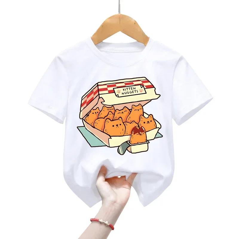 

Футболка с изображением котят Kitten Nuggets Fast Food Cat Футболки для девочек Детские модные футболки Забавные футболки с изображением котов Футболки с рисунками из мультфильмов для мальчиков Одежда 130