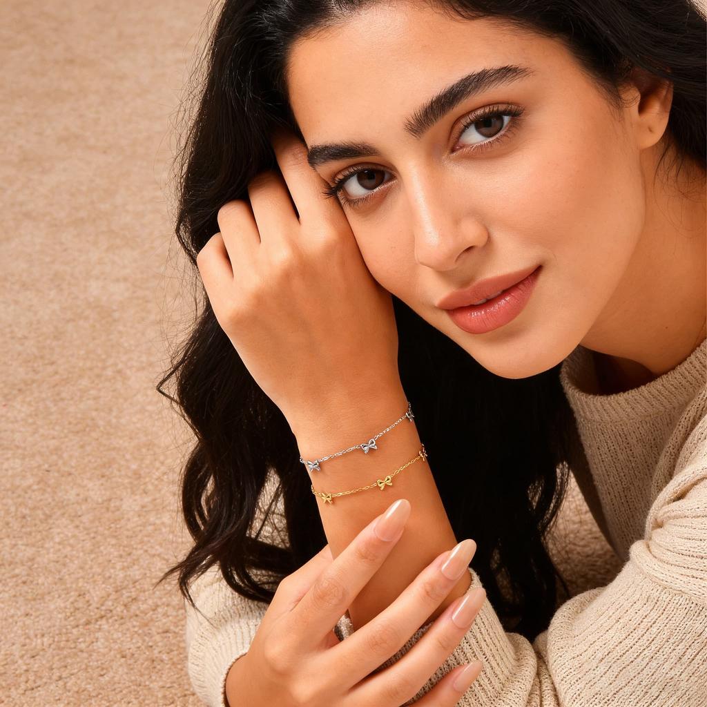 Chic Bowknot Bracelet for Women,Stainless Steel Flat Rolo Chain Bow Bracelets,Minimalist Jewelry Gifts