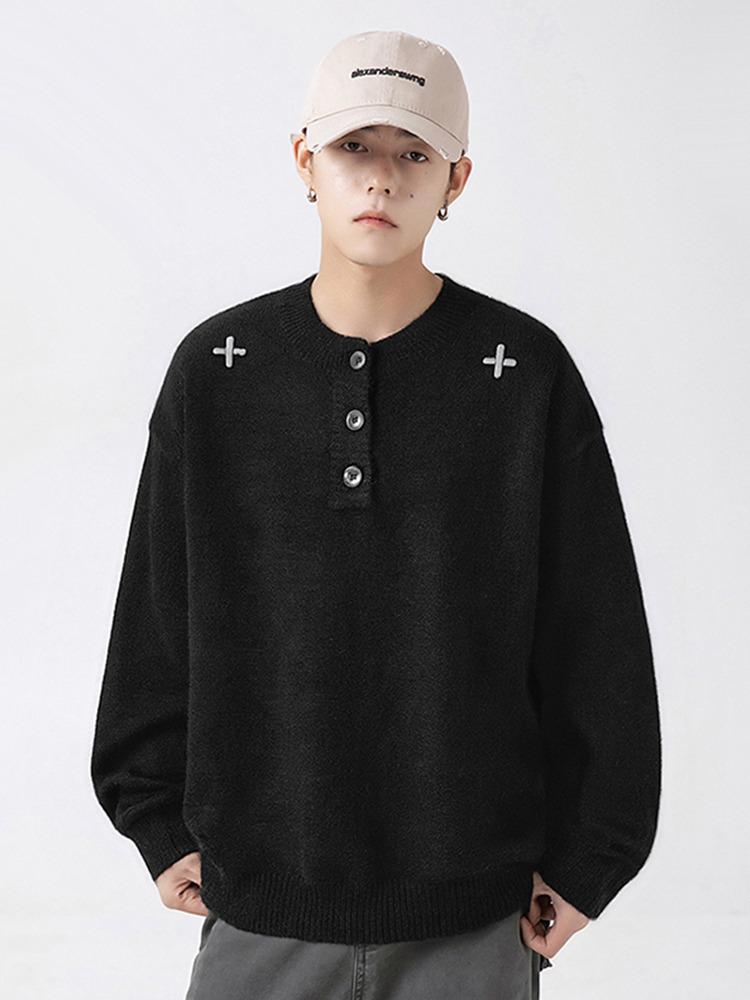 Men's Autumn/Winter Henry Collar Embroidered Sweater - Classic, Loose Knitwear with a High-End Feel