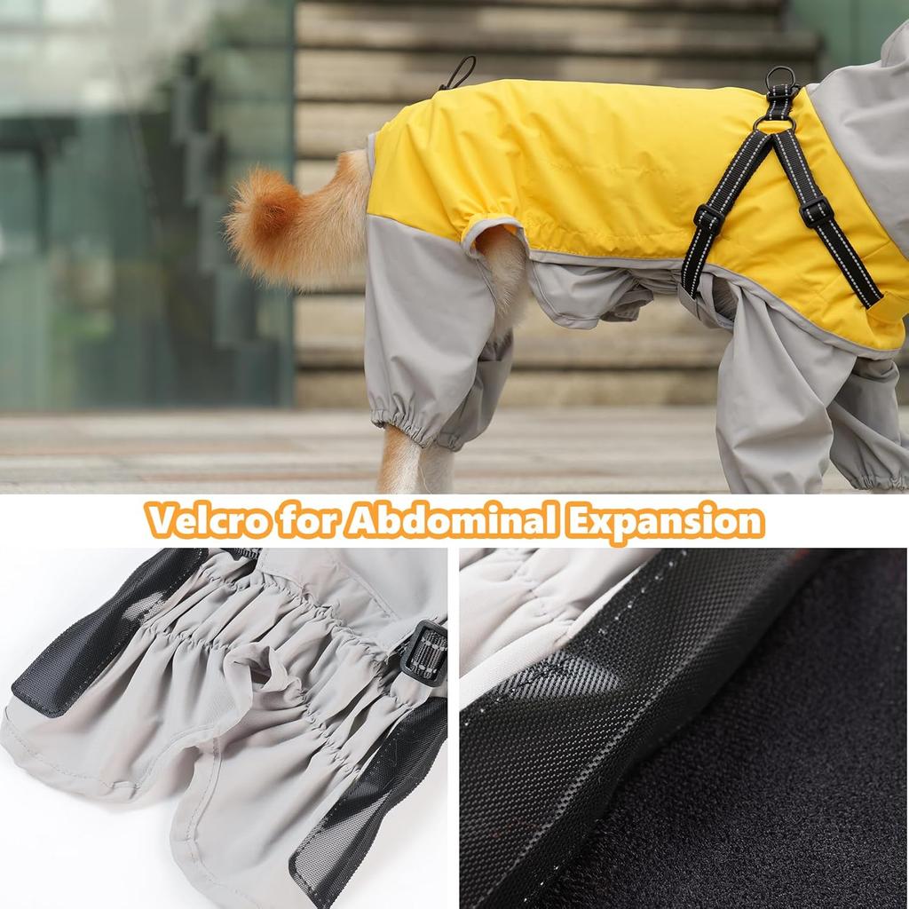 LIANZIMAU Waterproof Dog Raincoat 4 Legs with Leash Hook Reflective Adjustable Belly Strap Clear Hood Lightweight Polyester for Small Medium Large