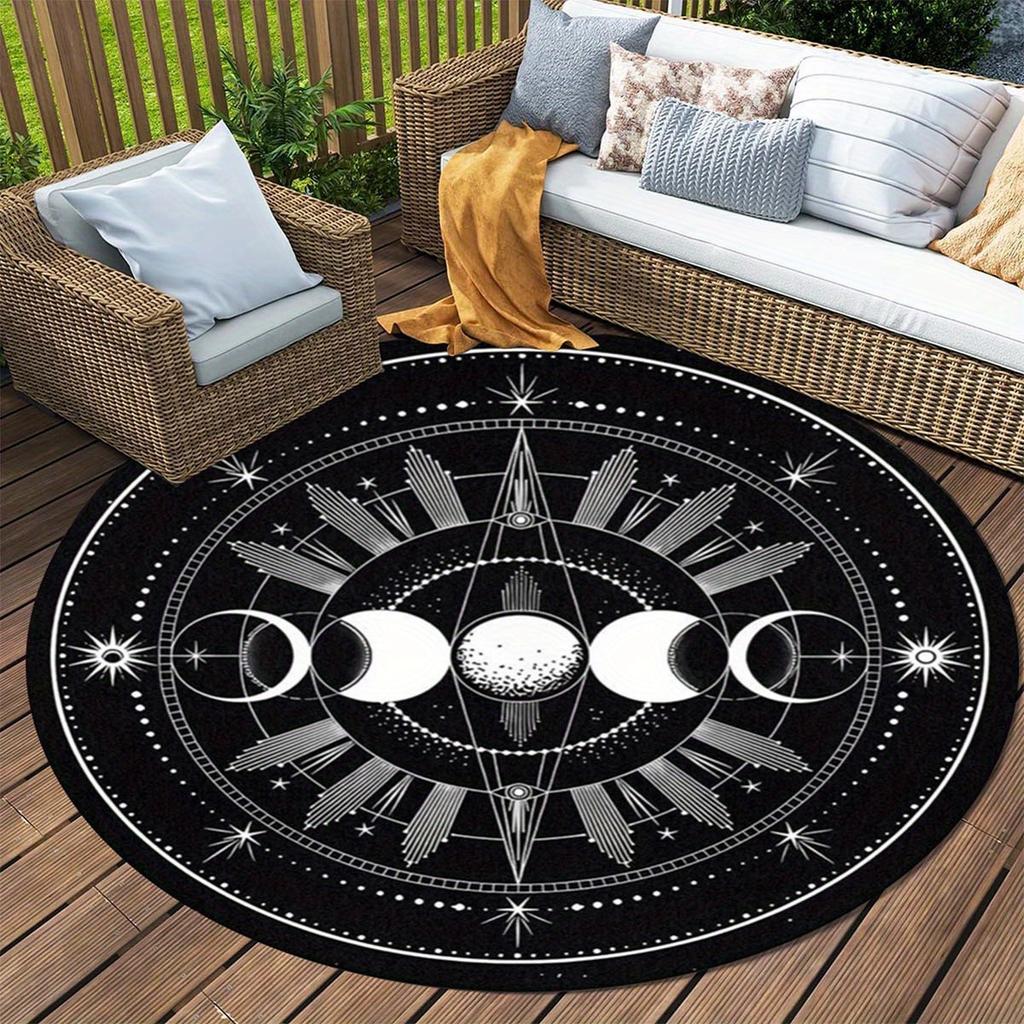 1pc Gothic Moon Phase Round Rug - Polyester Crystal Velvet, Non-slip, Washable Indoor Rug for Bedroom, Living Room
